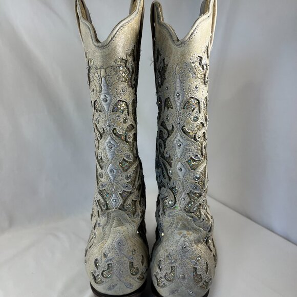 WOMEN'S WHITE GLITTERED INLAY AND CRYSTALS SNIP COWBOY BOOT 9M - Picture 4 of 16